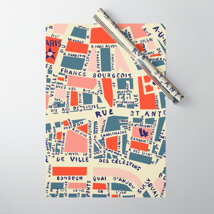 paris map blue Wrapping Paper Gallery Image 1