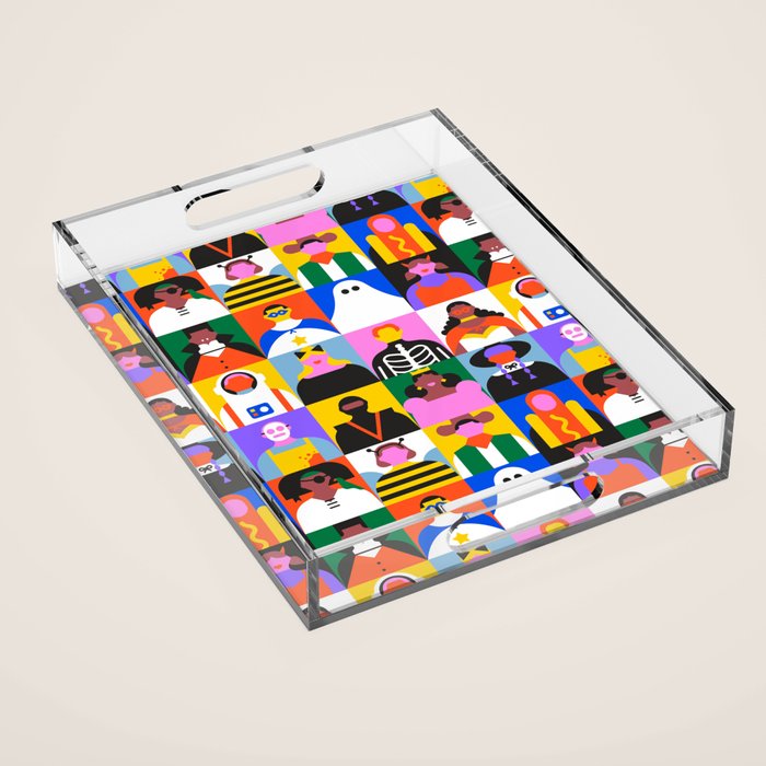 Diverse people in halloween costume pattern Acrylic Tray Gallery Image 1