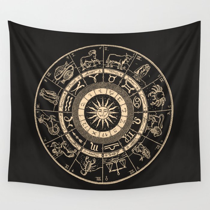 Vintage Zodiac & Astrology Chart | Charcoal & Gold Wall Tapestry Gallery Image 1