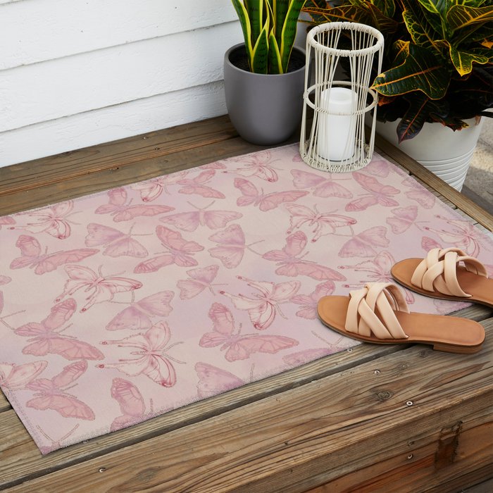 Butterfly Pattern soft pink pastel Outdoor Rug Gallery Image 2