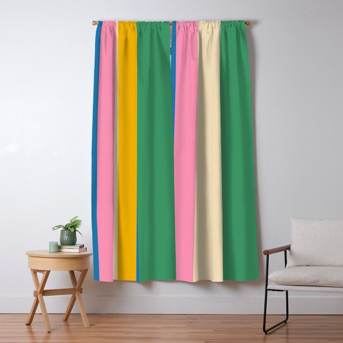 Cheerful Retro Modern Vertical Stripe Pattern Blue Green Mustard Pink Window Curtain Gallery Image 5