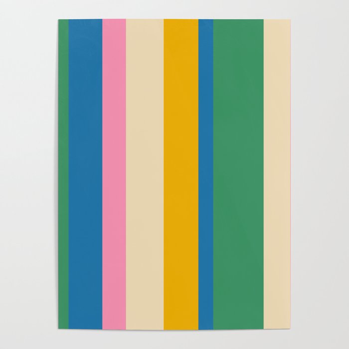 Cheerful Retro Modern Vertical Stripe Pattern Blue Green Mustard Pink Poster Gallery Image 4