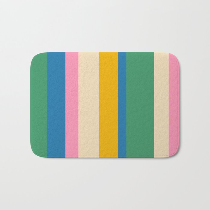 Cheerful Retro Modern Vertical Stripe Pattern Blue Green Mustard Pink Bath Mat Gallery Image 1