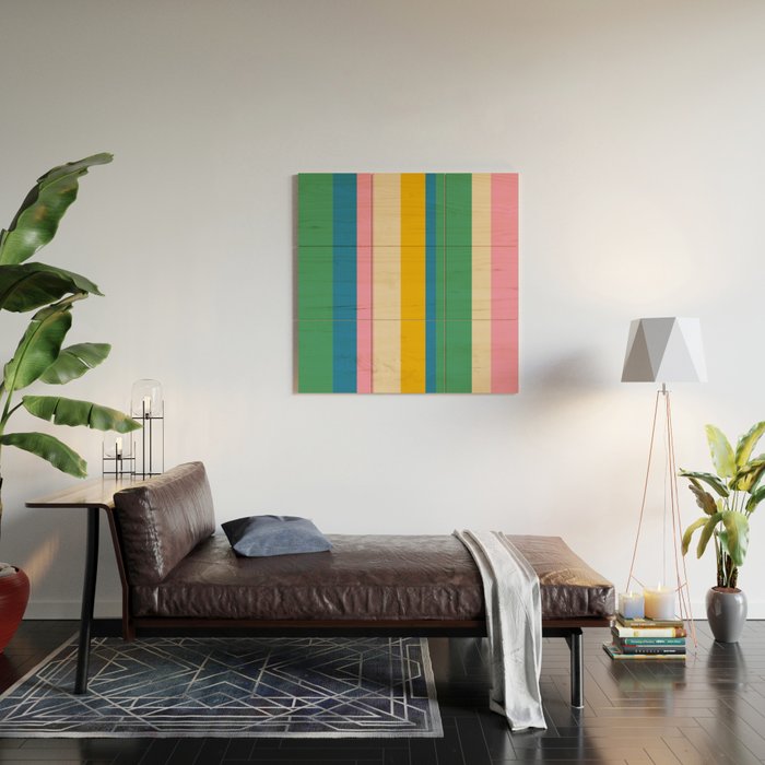 Cheerful Retro Modern Vertical Stripe Pattern Blue Green Mustard Pink Wood Wall Art Gallery Image 2