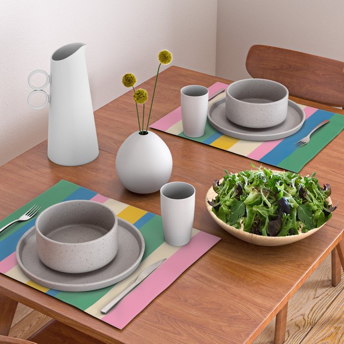 Cheerful Retro Modern Vertical Stripe Pattern Blue Green Mustard Pink Placemat Gallery Image 2
