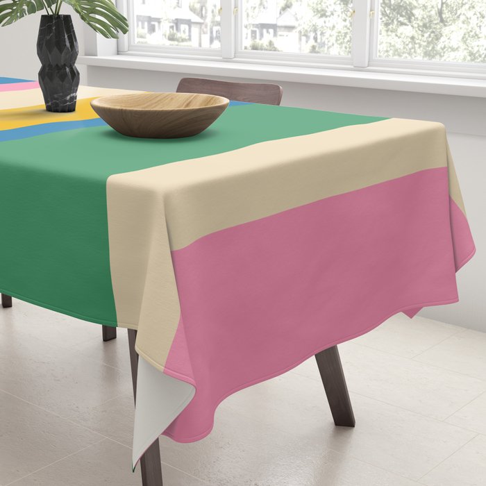 Cheerful Retro Modern Vertical Stripe Pattern Blue Green Mustard Pink Tablecloth Gallery Image 3