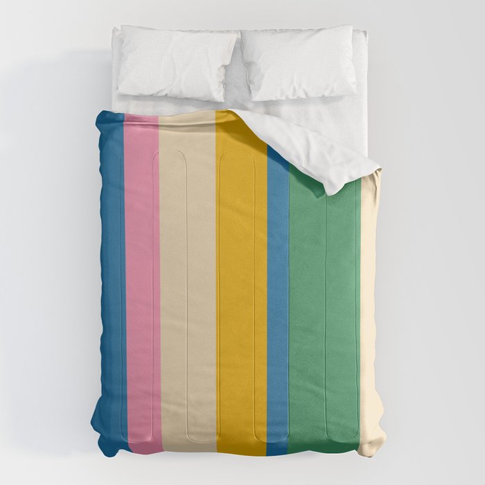 Cheerful Retro Modern Vertical Stripe Pattern Blue Green Mustard Pink Comforter Gallery Image 6