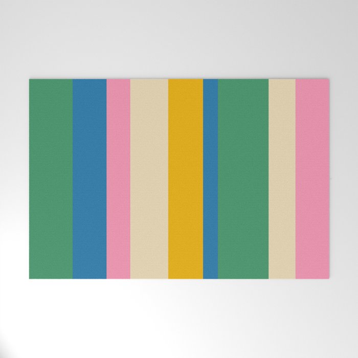 Cheerful Retro Modern Vertical Stripe Pattern Blue Green Mustard Pink Welcome Mat Gallery Image 1