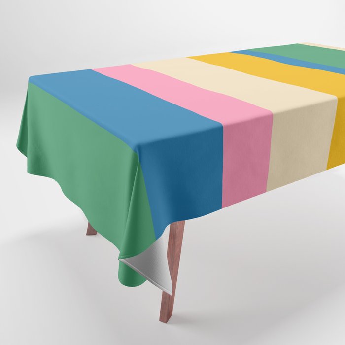 Cheerful Retro Modern Vertical Stripe Pattern Blue Green Mustard Pink Tablecloth Gallery Image 1
