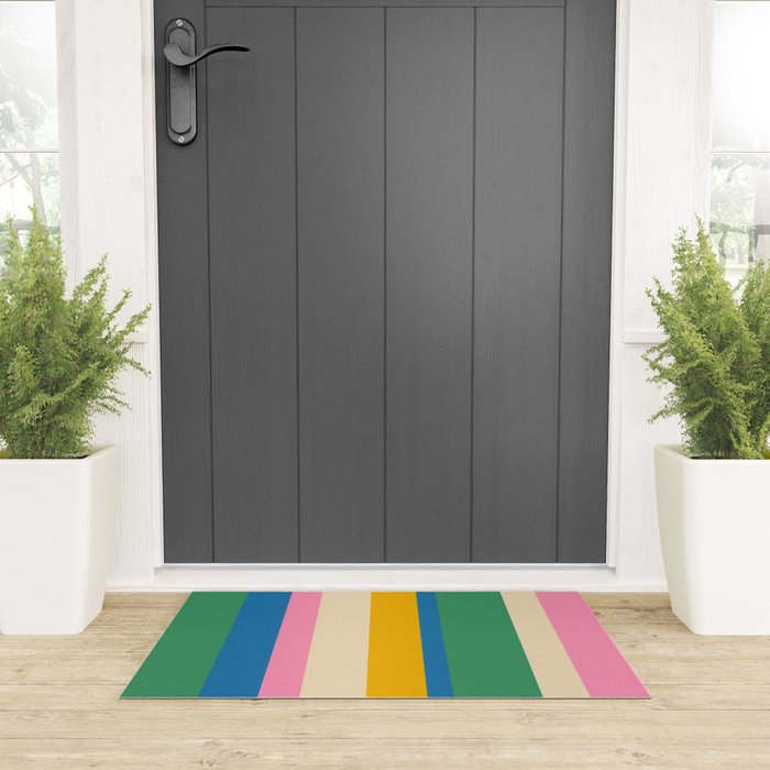 Cheerful Retro Modern Vertical Stripe Pattern Blue Green Mustard Pink Welcome Mat Gallery Image 3