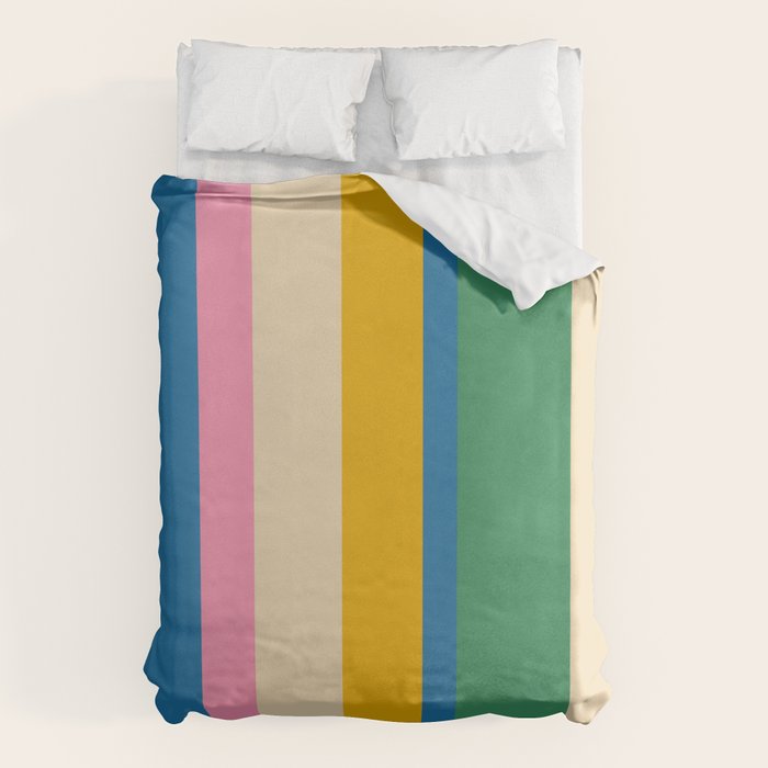 Cheerful Retro Modern Vertical Stripe Pattern Blue Green Mustard Pink Duvet Cover Gallery Image 6