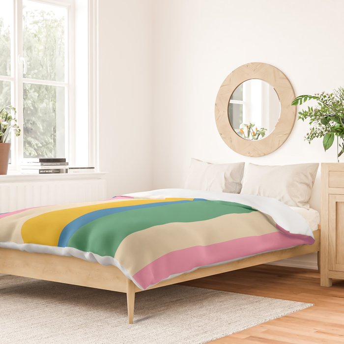 Cheerful Retro Modern Vertical Stripe Pattern Blue Green Mustard Pink Duvet Cover Gallery Image 2