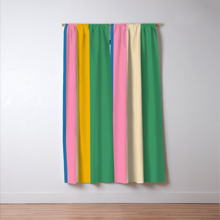 Cheerful Retro Modern Vertical Stripe Pattern Blue Green Mustard Pink Window Curtain Gallery Image 3