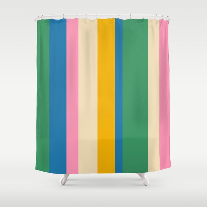 Cheerful Retro Modern Vertical Stripe Pattern Blue Green Mustard Pink Shower Curtain Gallery Image 1