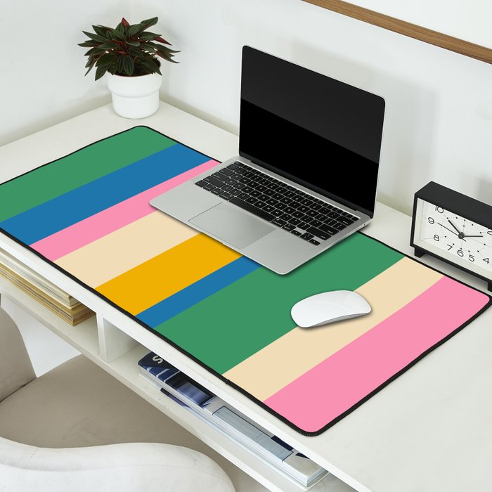 Cheerful Retro Modern Vertical Stripe Pattern Blue Green Mustard Pink Desk Mat Gallery Image 2