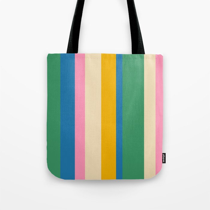 Cheerful Retro Modern Vertical Stripe Pattern Blue Green Mustard Pink Tote Bag Gallery Image 1
