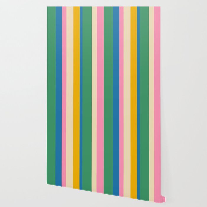 Cheerful Retro Modern Vertical Stripe Pattern Blue Green Mustard Pink Wallpaper Gallery Image 2