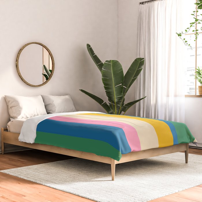 Cheerful Retro Modern Vertical Stripe Pattern Blue Green Mustard Pink Comforter Gallery Image 2