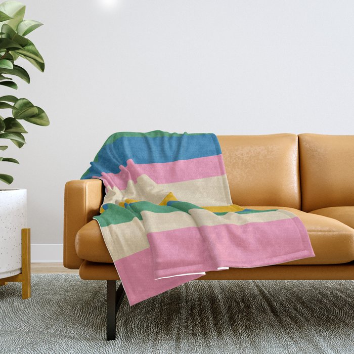 Cheerful Retro Modern Vertical Stripe Pattern Blue Green Mustard Pink Throw Blanket Gallery Image 1