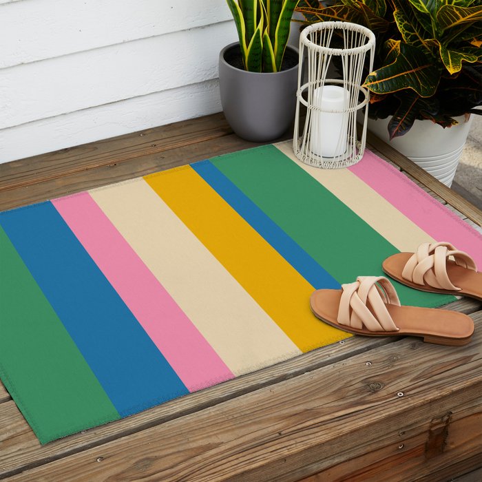 Cheerful Retro Modern Vertical Stripe Pattern Blue Green Mustard Pink Outdoor Rug Gallery Image 2