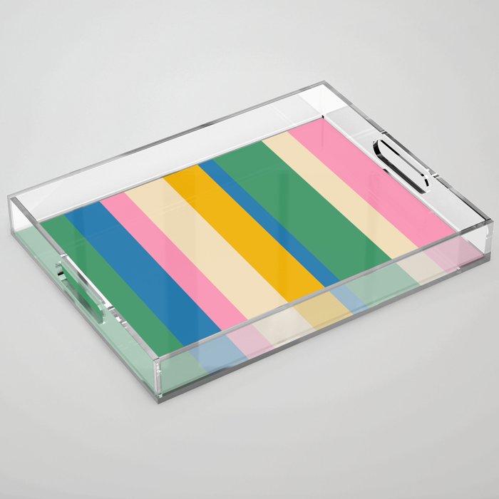 Cheerful Retro Modern Vertical Stripe Pattern Blue Green Mustard Pink Acrylic Tray Gallery Image 1
