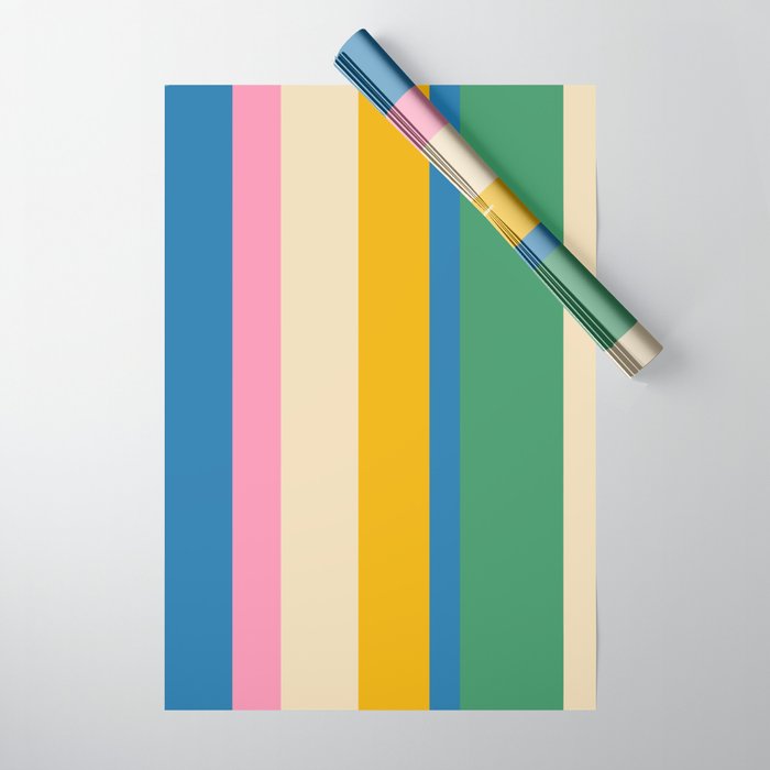 Cheerful Retro Modern Vertical Stripe Pattern Blue Green Mustard Pink Wrapping Paper Gallery Image 1