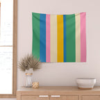 Cheerful Retro Modern Vertical Stripe Pattern Blue Green Mustard Pink Wall Tapestry Gallery Image 2