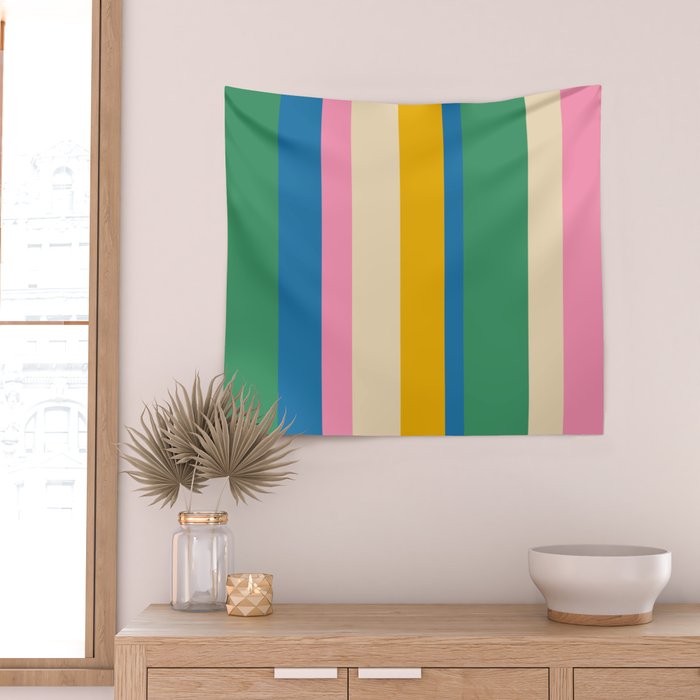 Cheerful Retro Modern Vertical Stripe Pattern Blue Green Mustard Pink Wall Tapestry Gallery Image 2