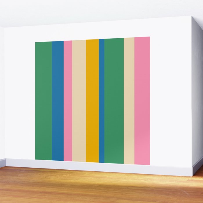Cheerful Retro Modern Vertical Stripe Pattern Blue Green Mustard Pink Wall Mural Gallery Image 2
