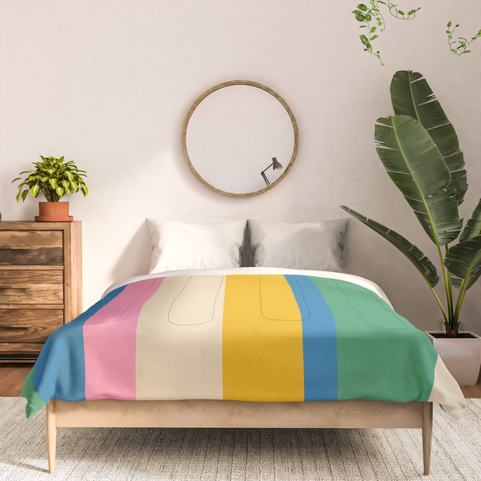 Cheerful Retro Modern Vertical Stripe Pattern Blue Green Mustard Pink Comforter Gallery Image 3