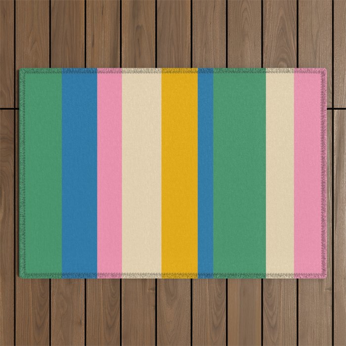 Cheerful Retro Modern Vertical Stripe Pattern Blue Green Mustard Pink Outdoor Rug Gallery Image 1
