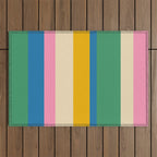 Cheerful Retro Modern Vertical Stripe Pattern Blue Green Mustard Pink Outdoor Rug Gallery Image 1