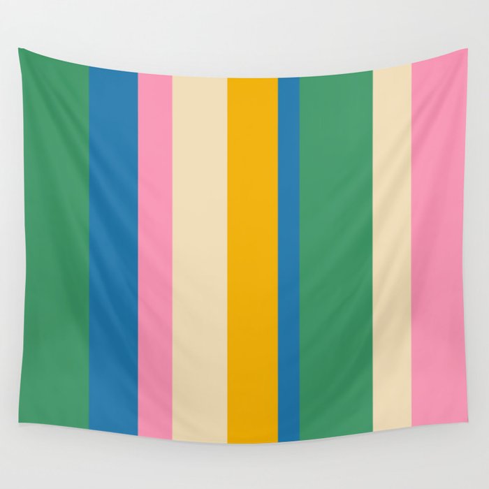 Cheerful Retro Modern Vertical Stripe Pattern Blue Green Mustard Pink Wall Tapestry Gallery Image 4
