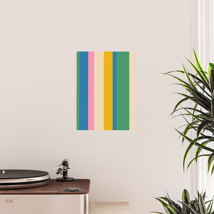 Cheerful Retro Modern Vertical Stripe Pattern Blue Green Mustard Pink Poster Gallery Image 2