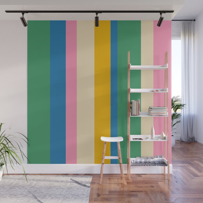 Cheerful Retro Modern Vertical Stripe Pattern Blue Green Mustard Pink Wall Mural Gallery Image 1