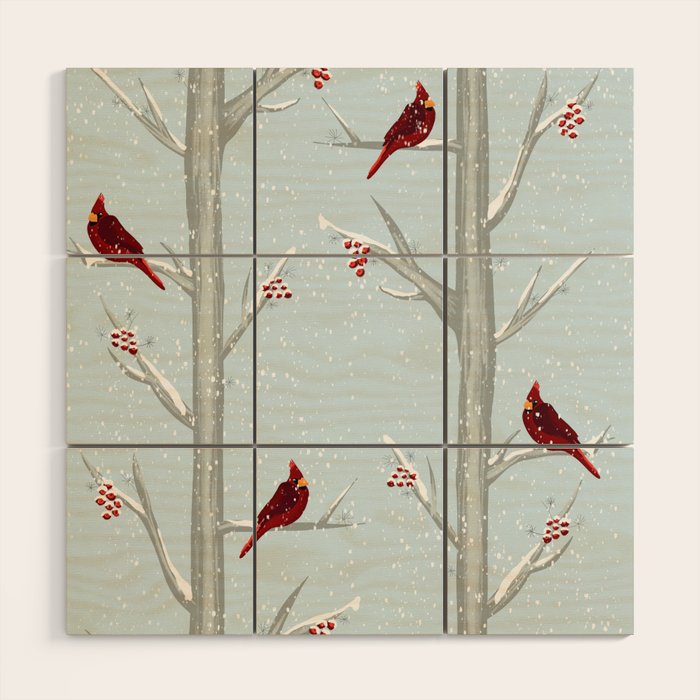 Red Cardinal Bird In The Winter Forest Wood Wall Art Gallery Image 1