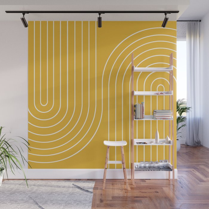Minimal Line Curvature VIII Golden Yellow Mid Century Modern Arch Abstract Wall Mural Gallery Image 1