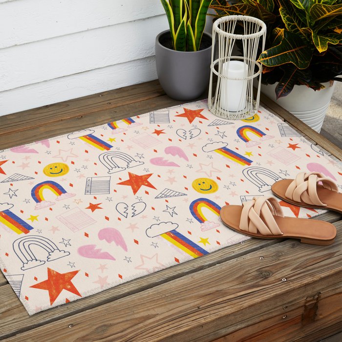 Happy Smiley Face & Retro Rainbows in Dusty Pink Outdoor Rug Gallery Image 2