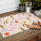 Happy Smiley Face & Retro Rainbows in Dusty Pink Outdoor Rug Gallery Image 2