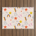 Happy Smiley Face & Retro Rainbows in Dusty Pink Outdoor Rug Gallery Image 1