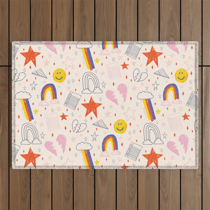 Happy Smiley Face & Retro Rainbows in Dusty Pink Outdoor Rug Gallery Image 1
