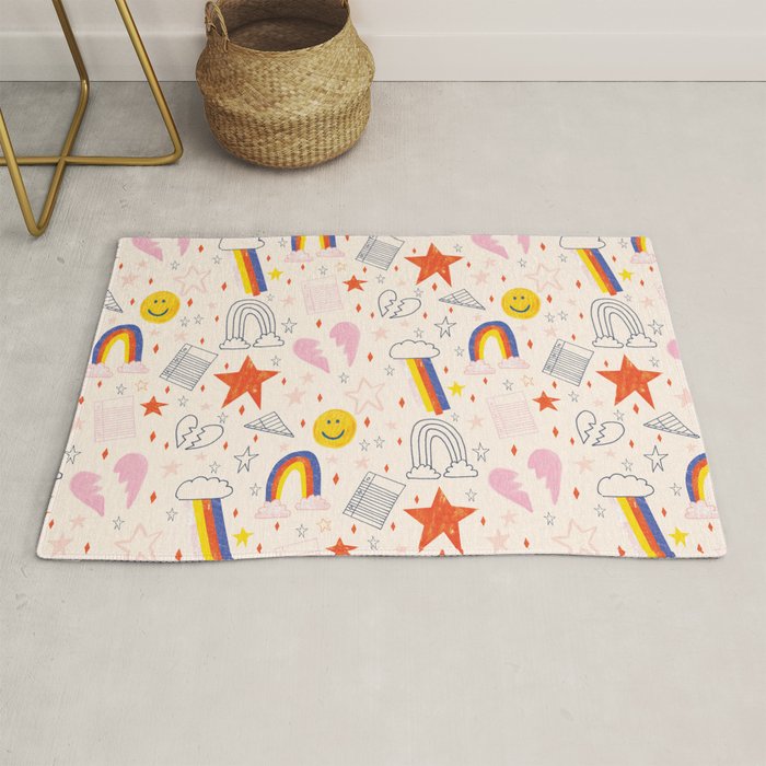 Happy Smiley Face & Retro Rainbows in Dusty Pink Rug Gallery Image 1