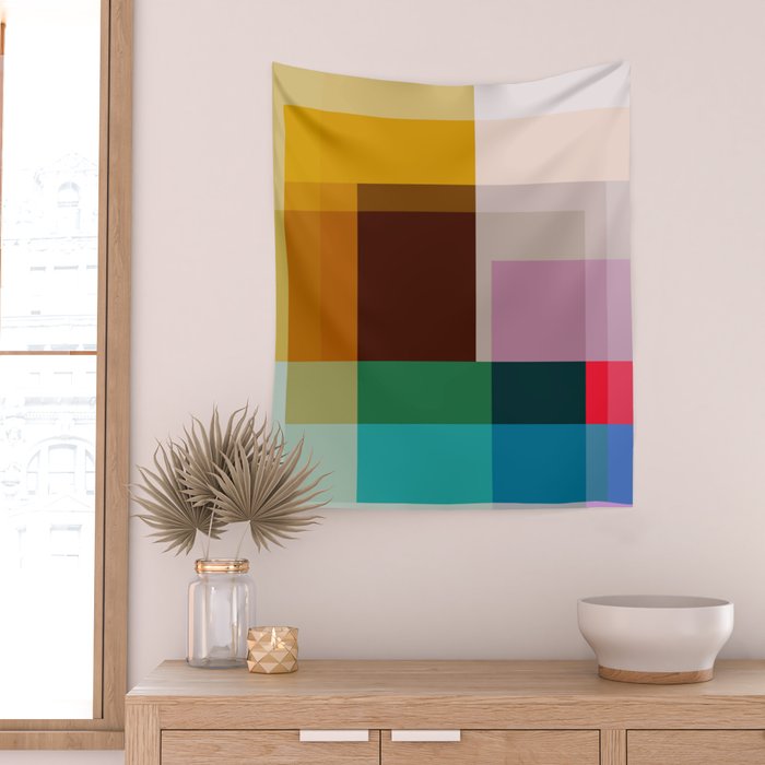 Modern Multicolor Geometric Abstract Art with Overlapping Shapes Wall Tapestry Gallery Image 2