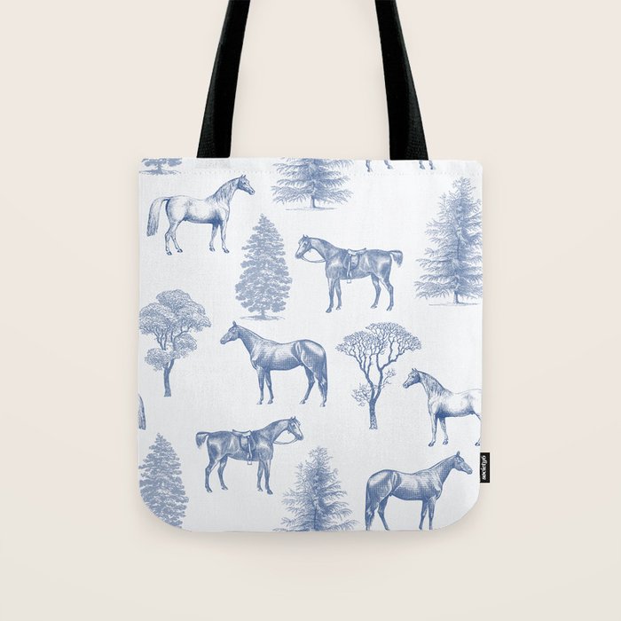 HORSES and TREES Blue Monochrome Toile Pattern  Tote Bag Gallery Image 1