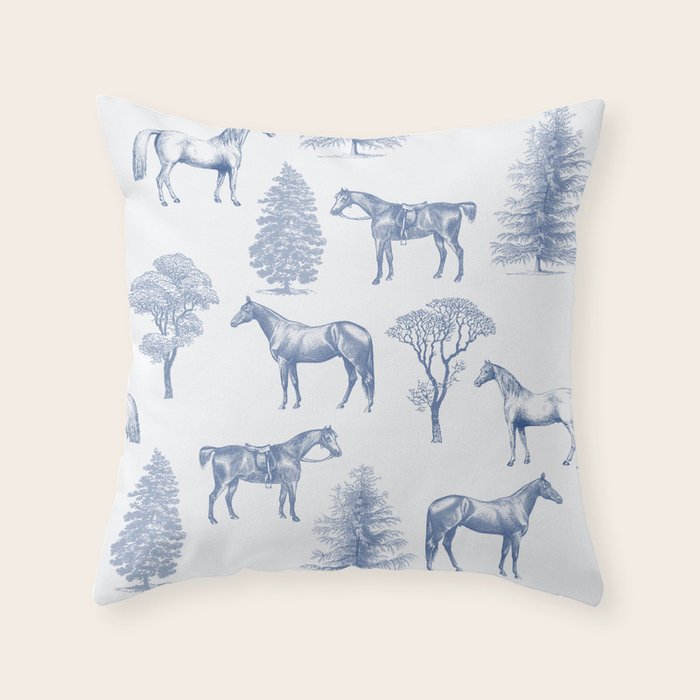 HORSES and TREES Blue Monochrome Toile Pattern  Throw Pillow Gallery Image 1