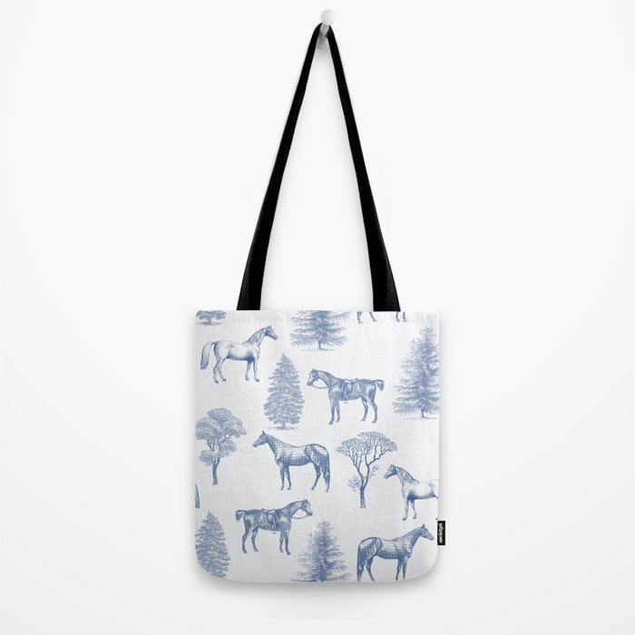 HORSES and TREES Blue Monochrome Toile Pattern  Tote Bag Gallery Image 2