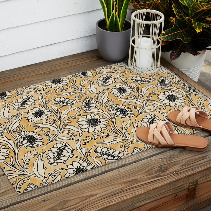 Sunflowers - black and ochre on cream Outdoor Rug Gallery Image 2