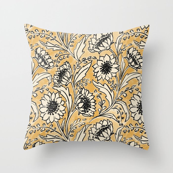 Sunflowers - black and ochre on cream Throw Pillow Gallery Image 1