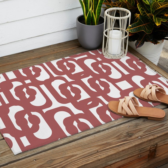 Mid Century Modern Loops Abstract Pattern in Light Maroon and White Outdoor Rug Gallery Image 2