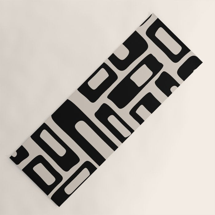 Retro Mid Century Modern Abstract Pattern 735 Black and Linen White Yoga Mat Gallery Image 1